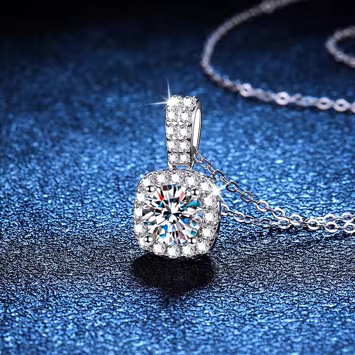 P&M Essentials+ Moissanite Square Pendant Necklace for Women - 925 Sterling Silver, 1 Carat D-Color Moissanite, Elegant Link Chain, Perfect for Anniversary, Wedding, or Daily Wear