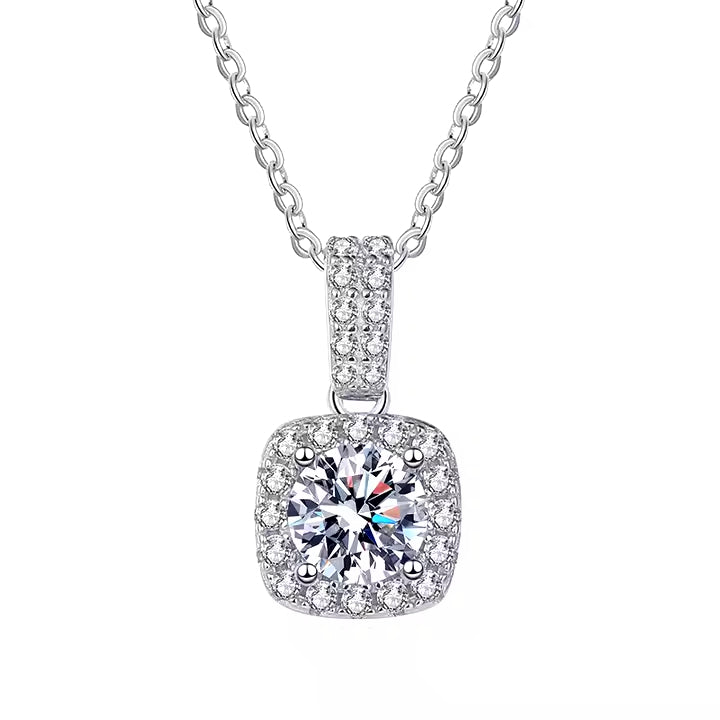 P&M Essentials+ Moissanite Square Pendant Necklace for Women - 925 Sterling Silver, 1 Carat D-Color Moissanite, Elegant Link Chain, Perfect for Anniversary, Wedding, or Daily Wear