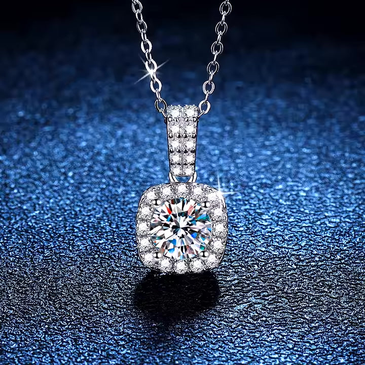 P&M Essentials+ Moissanite Square Pendant Necklace for Women - 925 Sterling Silver, 1 Carat D-Color Moissanite, Elegant Link Chain, Perfect for Anniversary, Wedding, or Daily Wear