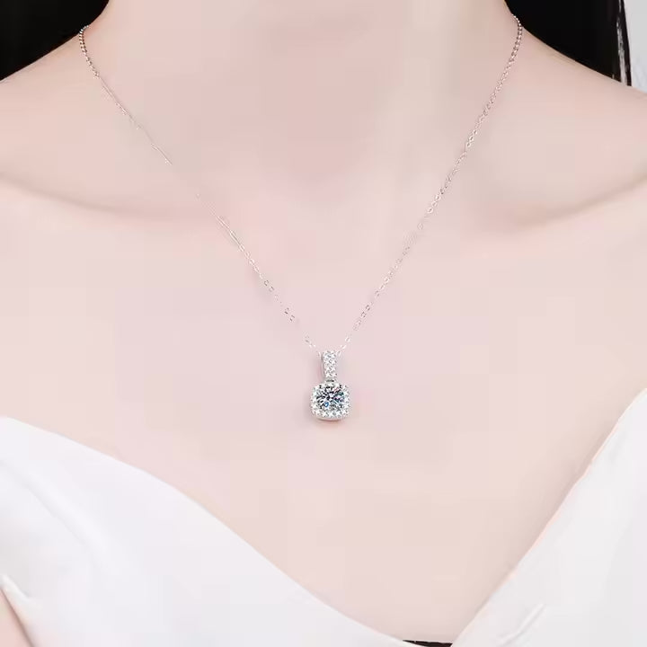 P&M Essentials+ Moissanite Square Pendant Necklace for Women - 925 Sterling Silver, 1 Carat D-Color Moissanite, Elegant Link Chain, Perfect for Anniversary, Wedding, or Daily Wear