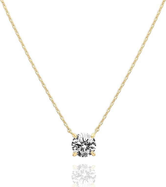 P&M Essentials+ 14K Gold Plated CZ Crystal Solitaire 1.5 Carat (7.3mm) Dainty Choker Necklace | Gold Necklaces for Women