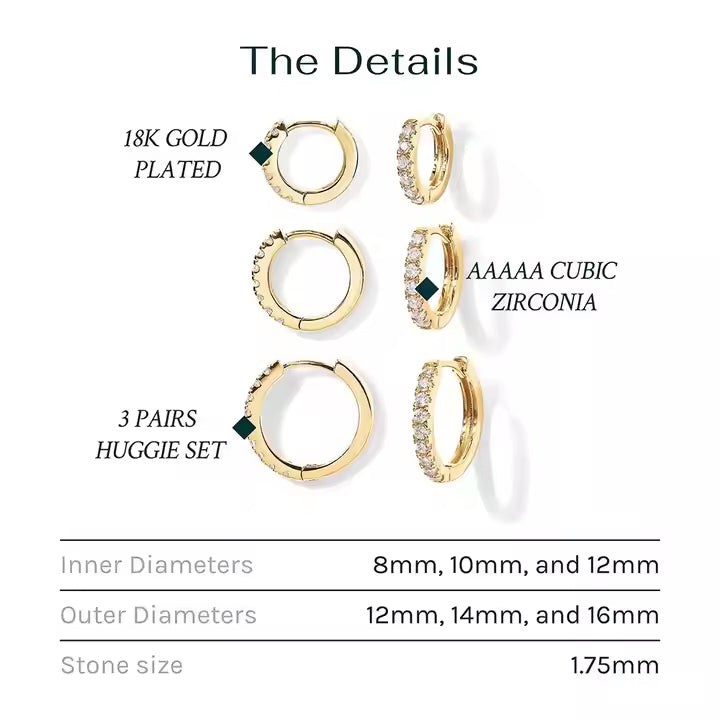 P&M Essentials+ 14K Gold Plated 925 Sterling Silver Mini Hoop Earrings Set | 3 Pairs Huggie Earrings for Women & Men (8mm, 10mm, 12mm)