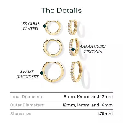 P&M Essentials+ 14K Gold Plated 925 Sterling Silver Mini Hoop Earrings Set | 3 Pairs Huggie Earrings for Women & Men (8mm, 10mm, 12mm)