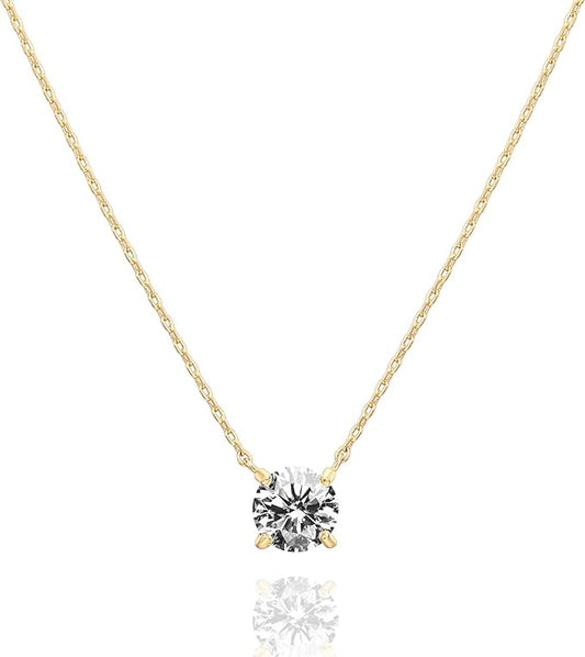 P&M Essentials+ 14K Gold Plated CZ Crystal Solitaire 1.5 Carat (7.3mm) Dainty Choker Necklace | Gold Necklaces for Women